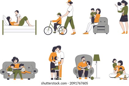 Parents spend leisure time with their children, play, read, walk on the street. The relationship between adults and children. Set of vector scenes of happy family.