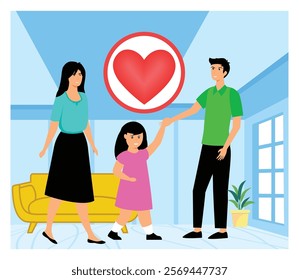 Parents spend quality time with their child, showcasing affection and unity in a cozy home. Flat vector modern illustration 