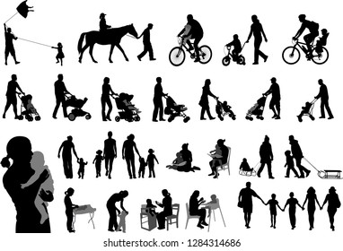 parents spending family time with their children silhouettes - vector