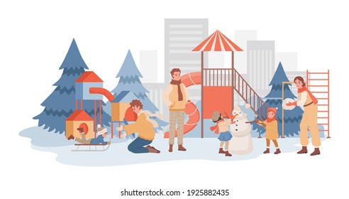 Parents spending time together with their children at winter playground vector flat illustration. Kids making snowman with mother and father, boy riding on sled in urban park. Happy childhood.