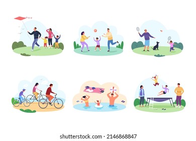 Parents sport activities. Sportive activeness family practicing physical exercise, kid play fitness game together parent healthy leisure, vector illustration. Sport family and sportive exercise - Shutterstock ID 2146868847