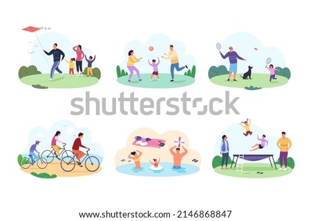Parents sport activities. Sportive activeness family practicing physical exercise, kid play fitness game together parent healthy leisure, vector illustration. Sport family and sportive exercise