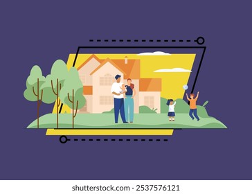 Parents standing in front of family home vector illustration. Mother and father holding baby, while children playing in yard next to cozy house. Family property, love, housing concept