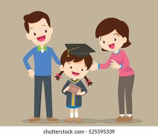 parents standing proud and happy of daughter holding diploma on graduation day ceremony.