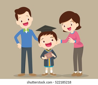 parents standing proud and happy of son holding diploma on graduation day ceremony.happy school kids graduation with dad and mom.