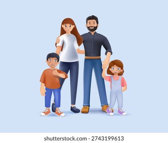 Parents standing with their children, 3D vector illustration. Mother, father and kids together. Happy family concept. Vector illustration. Mom dad son and daughter. Family portrait, Parents children