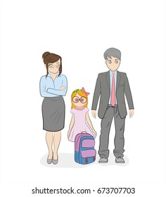 Parents are standing with their daughter a schoolgirl. Education. Hand-drawn cartoon vector illustration for design and infographics.