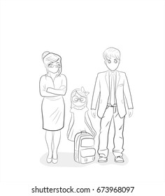 Parents are standing with their daughter a schoolgirl. Education. Hand-drawn cartoon vector illustration for design and infographics.
