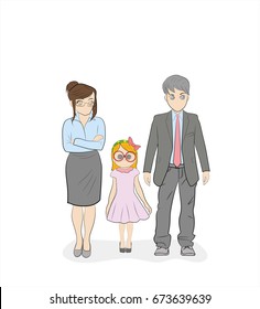 Parents strictly look at their daughter. Upbringing. Hand drawn cartoon vector illustration for design and infographics. 