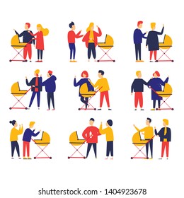 Parents with a stroller. Young family. Flat style vector illustration.