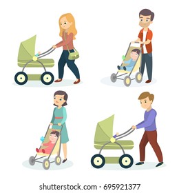 Parents with strollers. Mothers and fathers walk with children.