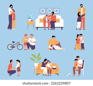 Parents support children color set of isolated compositions with adult people taking their kids in arms vector illustration