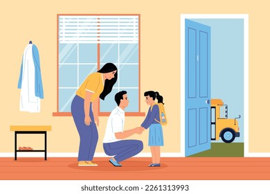 Parents support children composition of home scenery with mother and father saying goodbye to teenage schoolgirl vector illustration