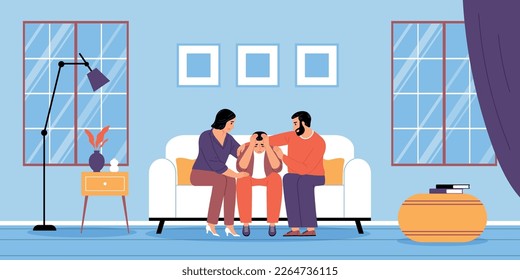 Parents support children composition of living room scenery with mother and father on sofa soothing son vector illustration