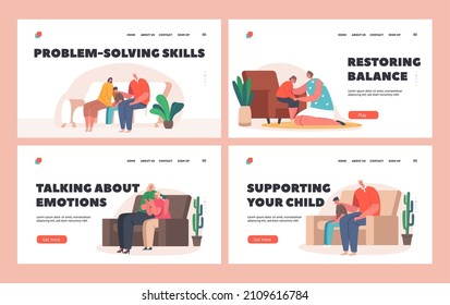 Parents Support Children Landing Page Template Set. Father and Mother Comforting Kids. Upset Son and Daughter Crying. Family Characters Solve Teens Problem. Cartoon People Vector Illustration