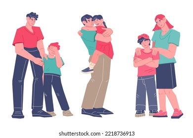 Parents support and comfort their children in difficult situations and crisis. Psychological problems in relationships between children and parents, flat vector illustration isolated on white.