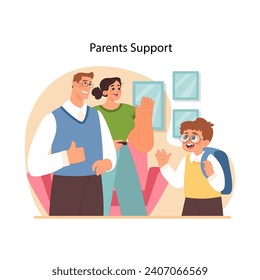 Parents support concept. Nurturing family celebrates child academic journey, reinforcing confidence with loving approval. Supportive mother and father wave as son leaves for school. Flat vector