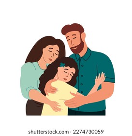 Parents support daughter,Family care of daughter,child.Mother,father comforting crying sad kid.Supportive parent help their teenager in difficulty.Flat vector illustration isolated on white background