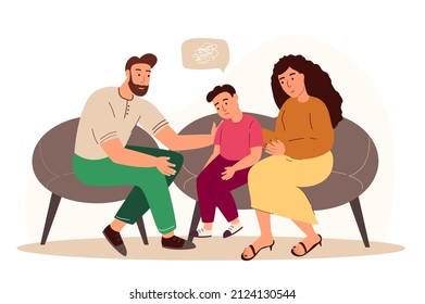 Parents Support And Help Their Child,Boy,Father And Mother Comforting Upset Kid.Sad Son With Anxious Emotion,Dull Face Sit On Sofa With Mom And Dad Family Characters.Cartoon People Vector Illustration