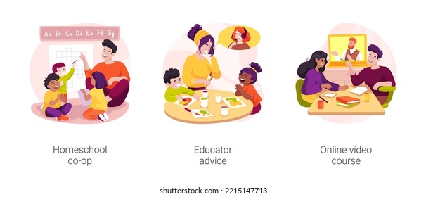 Parents support isolated cartoon vector illustration set. Homeschool co-op activity, educator advice, online video course, community microschool, expert advice, video tutorial vector cartoon.