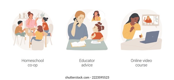 Parents support isolated cartoon vector illustration set. Homeschool co-op activity, educator advice, online video course, community microschool, expert advice, video tutorial vector cartoon.