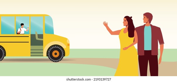 Parents support schoolboy outside school bus, flat vector stock illustration with family and boys with vitiligo