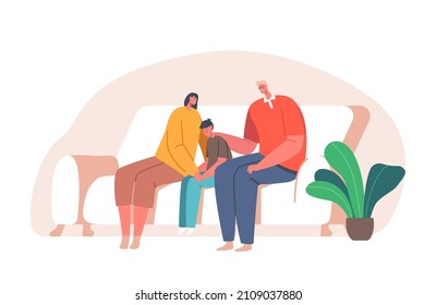 Parents Support Their Child, Father And Mother Comforting Upset Kid. Sad Son With Anxious Emotions And Dull Face Sit On Sofa With Mom And Dad Family Characters. Cartoon People Vector Illustration