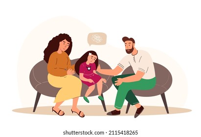 Parents Support Their Child,Girl,Father And Mother Comforting Upset Kid.Sad Daughter With Anxious Emotion, Dull Face Sit On Sofa With Mom And Dad Family Characters.Cartoon People Vector Illustration