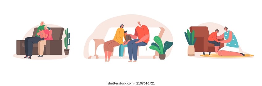 Parents Support Their Children, Father And Mother Comforting Kids. Upset Son And Daughter Cry With Stressed Thoughts. Family Characters Solve Teenager Problem Scene. Cartoon People Vector Illustration