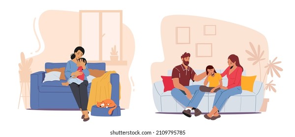 Parents Support their Children, Father and Mother Comforting Kids. Upset Son and Daughter Crying and Feel Upset. Family Scene with Characters Solve Kids Problems. Cartoon People Vector Illustration