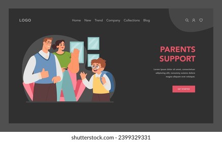 Parents support web or landing. Nurturing family celebrates child academic journey, reinforcing confidence with loving approval. Supportive mother and father wave as son leaves for school. Flat vector