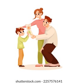 Parents Supporting Boy Son Admiring His Drawing Vector Illustration