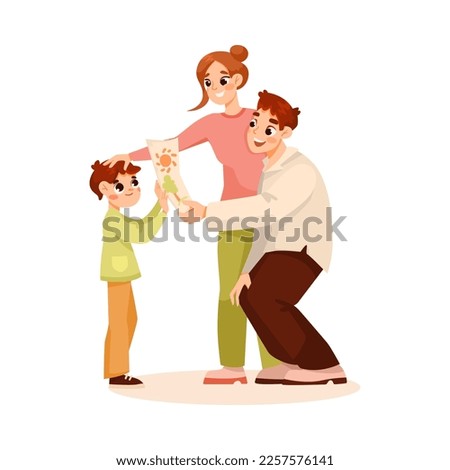 Parents Supporting Boy Son Admiring His Drawing Vector Illustration