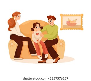 Parents Supporting Girl Daughter Sitting on Sofa Vector Illustration