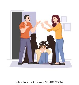 Parents swear, child closes ears and afraid of noise. Vector family conflict, quarreling mother and father, stress for son or daughter. Couple divorce, arguing mother and father, upset troubled kid