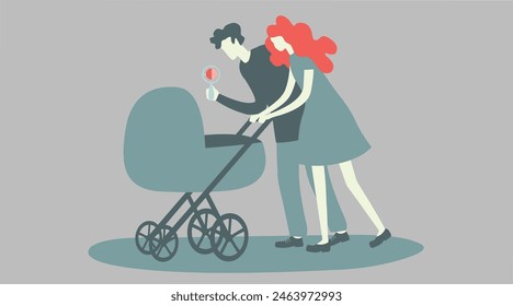 parents swing and carry the child in the stroller holding rattle