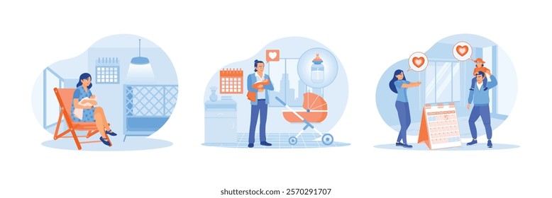 Parents take care of children. Happy father holding his baby. Husband and wife playing with children at home. Maternity and paternity leave concept. Set flat vector illustration.