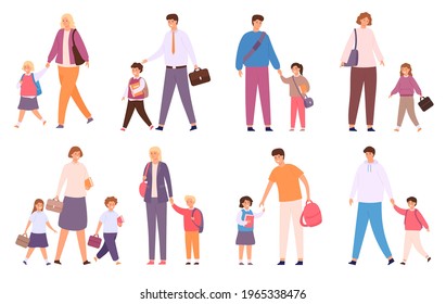 Parents take children to school. Crowd of happy students walk with family. Mother, father and kids with bags go back to school vector set. Adults holding hands with schoolboys and schoolgirls