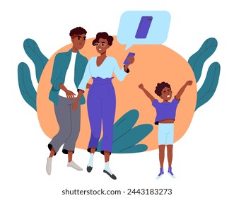 Parents take childs phone. Father and mother with smartphone near crying kid. Daughter want to personal gadget or device. Cartoon flat vector illustration isolated on white background