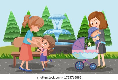 Parents take their children and baby stroller to the park cartoon style illustration