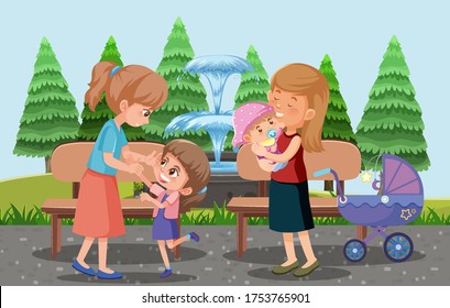 Parents take their children and baby stroller to the park cartoon style illustration