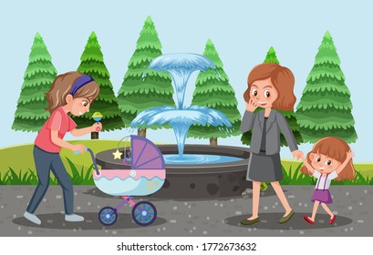 Parents take their children and baby stroller to the park cartoon style illustration