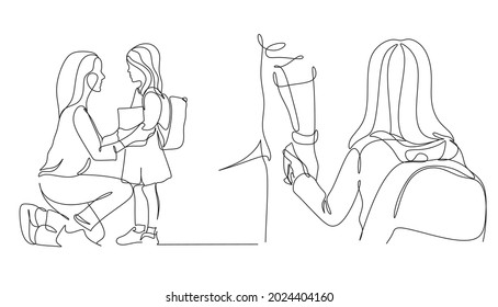 Parents take their children to school line illustration. Line art vector Education