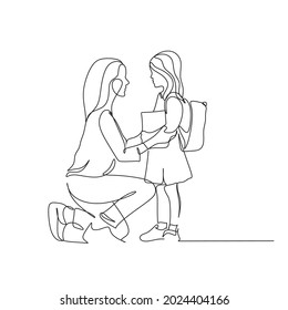 Parents take their children to school line illustration. Line art vector Education