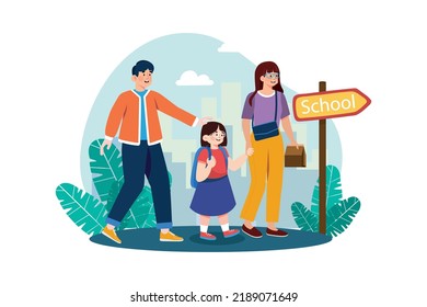 Parents take their children to school Illustration concept on white background