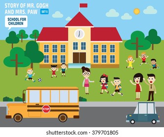 Parents take their children to school.
flat illustration