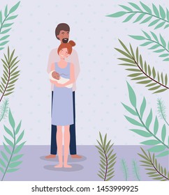parents taking care of newborn baby with leafs