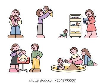 Parents taking care of their babies. Having a happy time together. outline simple vector illustration.