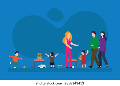 Parents taking new students with Kids activity in kindergarten 2d vector illustration concept for banner, website, landing page, flyer, etc