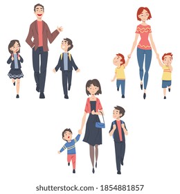Parents Taking their Children to the School or Kindergarten in the Morning, Dad, Mom and Kids Walking Together Outdoors Cartoon Style Vector Illustration